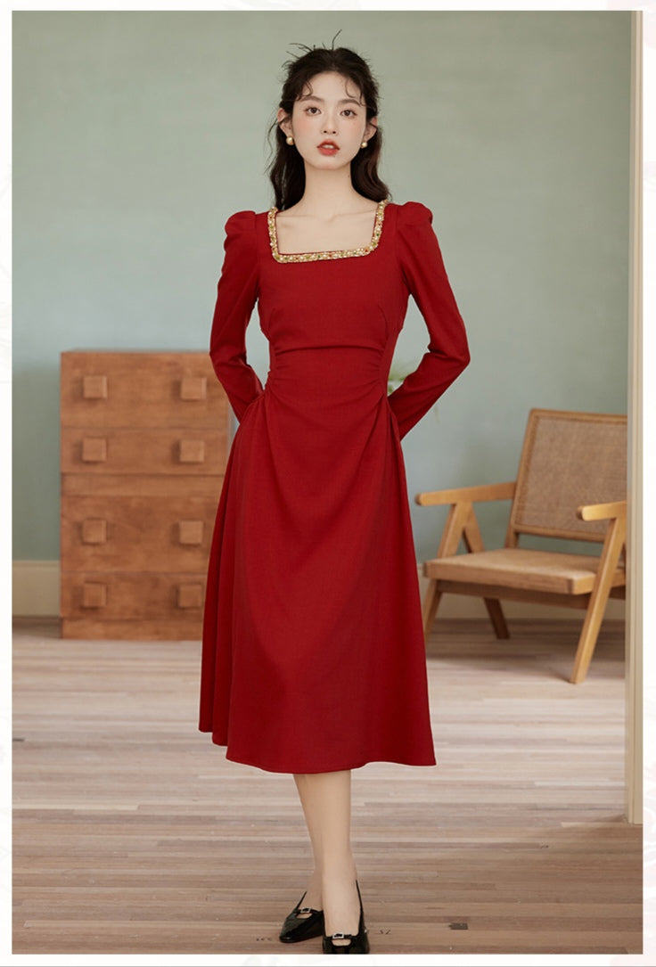 Beaded Square Neck Puff Sleeve Midi Dress