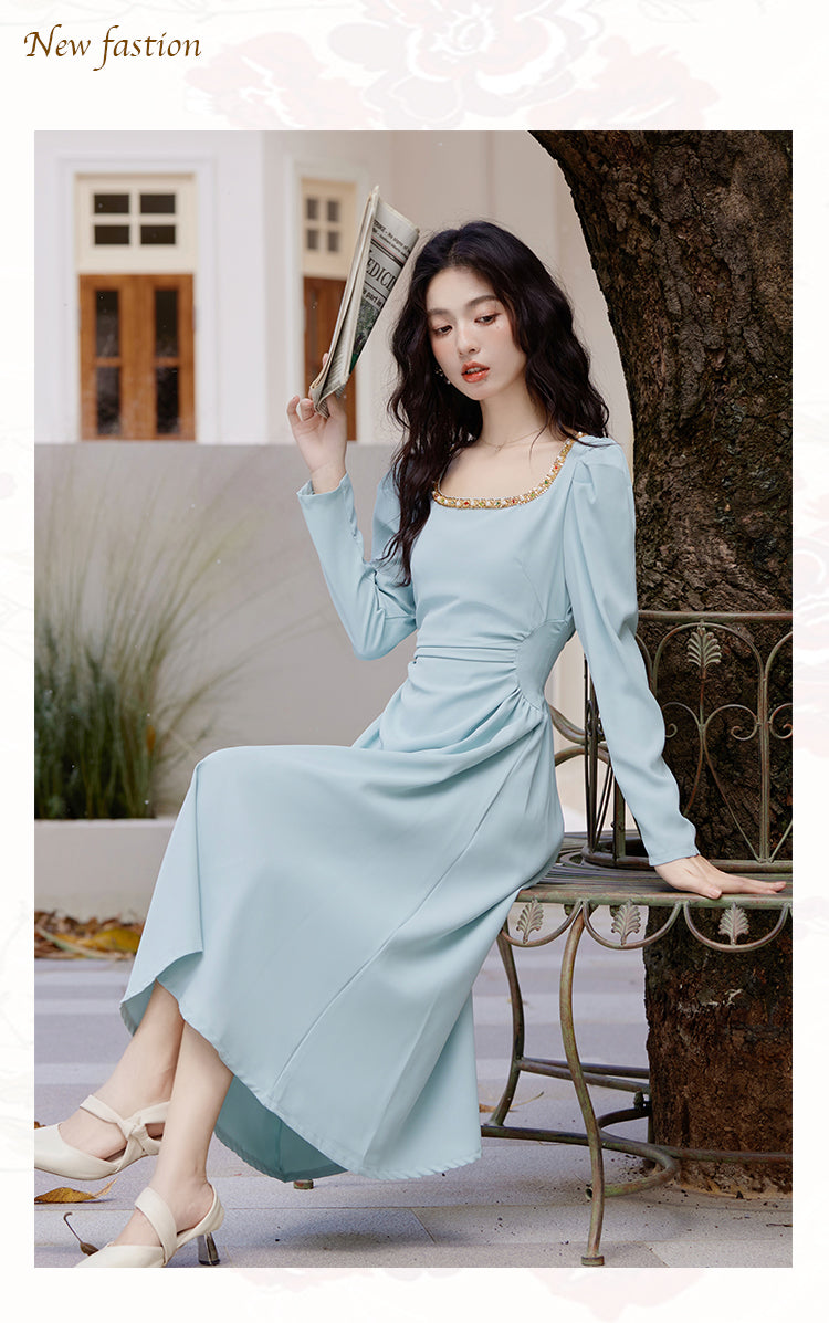 Beaded Square Neck Puff Sleeve Midi Dress