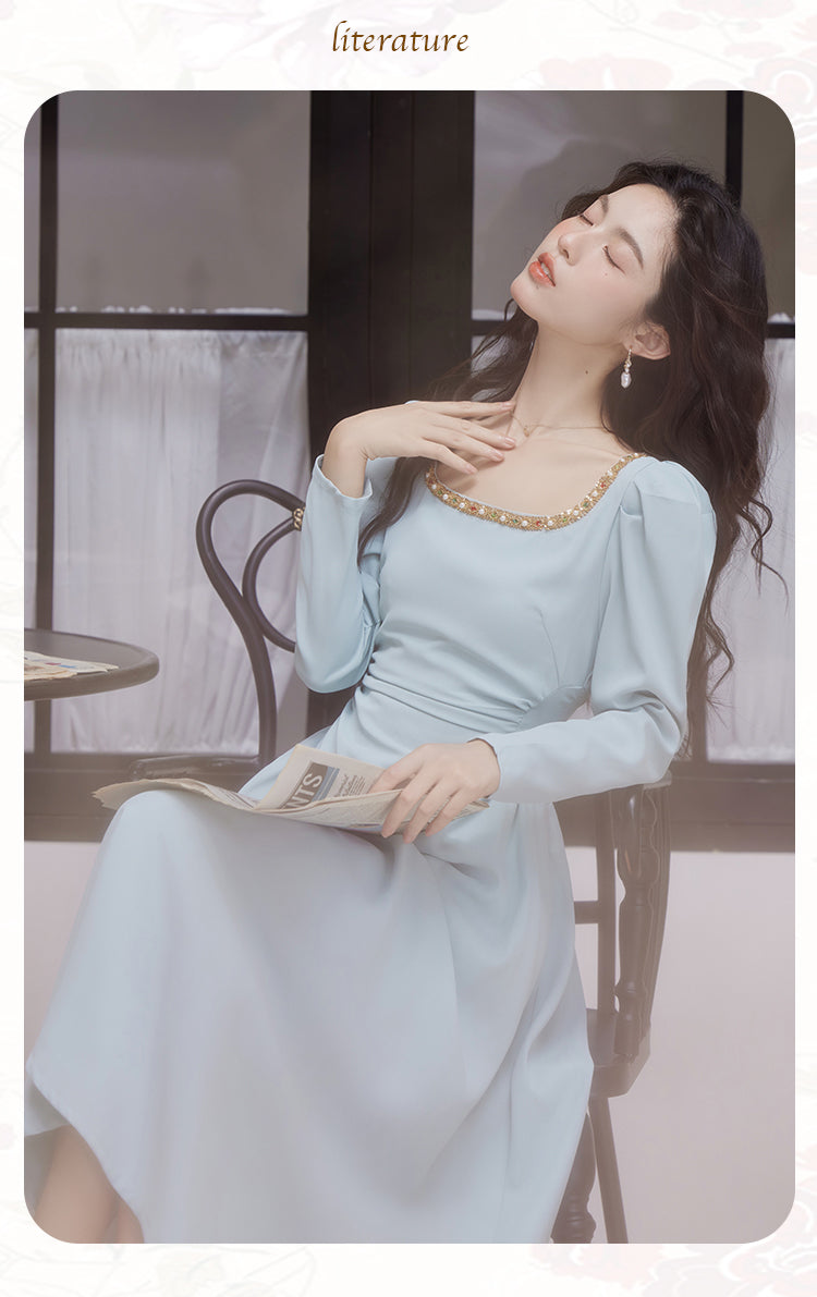 Beaded Square Neck Puff Sleeve Midi Dress