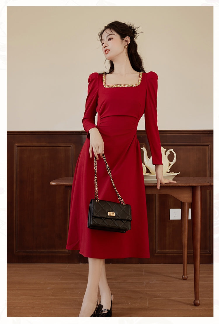 Beaded Square Neck Puff Sleeve Midi Dress