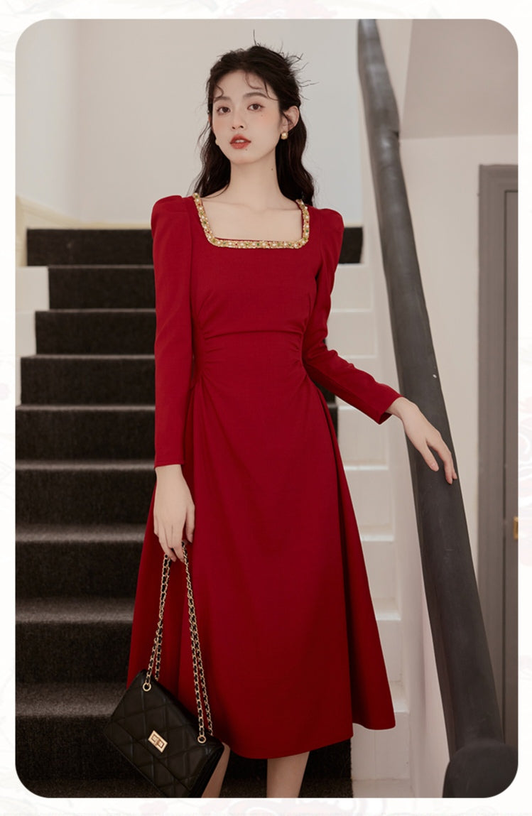 Beaded Square Neck Puff Sleeve Midi Dress