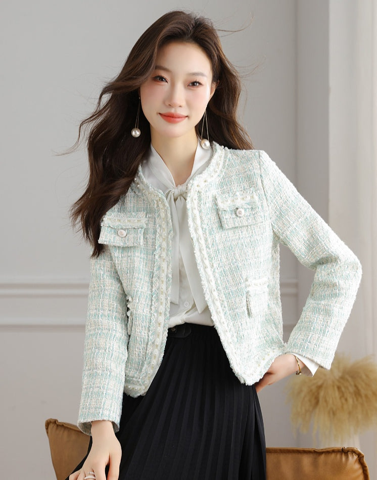 Spring Pastel Tweed Crop Blazer for Women