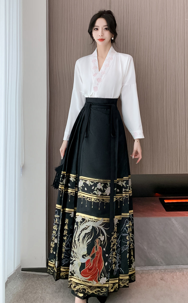 White Long-sleeve Shirt + Black Hanfu Adjustable Skirt Two Pieces Set