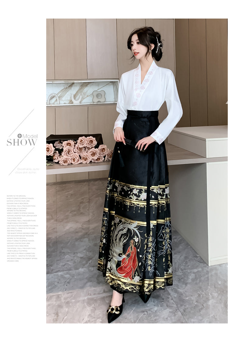 White Long-sleeve Shirt + Black Hanfu Adjustable Skirt Two Pieces Set