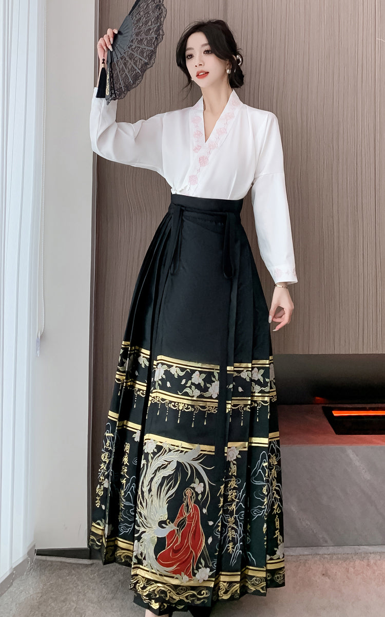 White Long-sleeve Shirt + Black Hanfu Adjustable Skirt Two Pieces Set