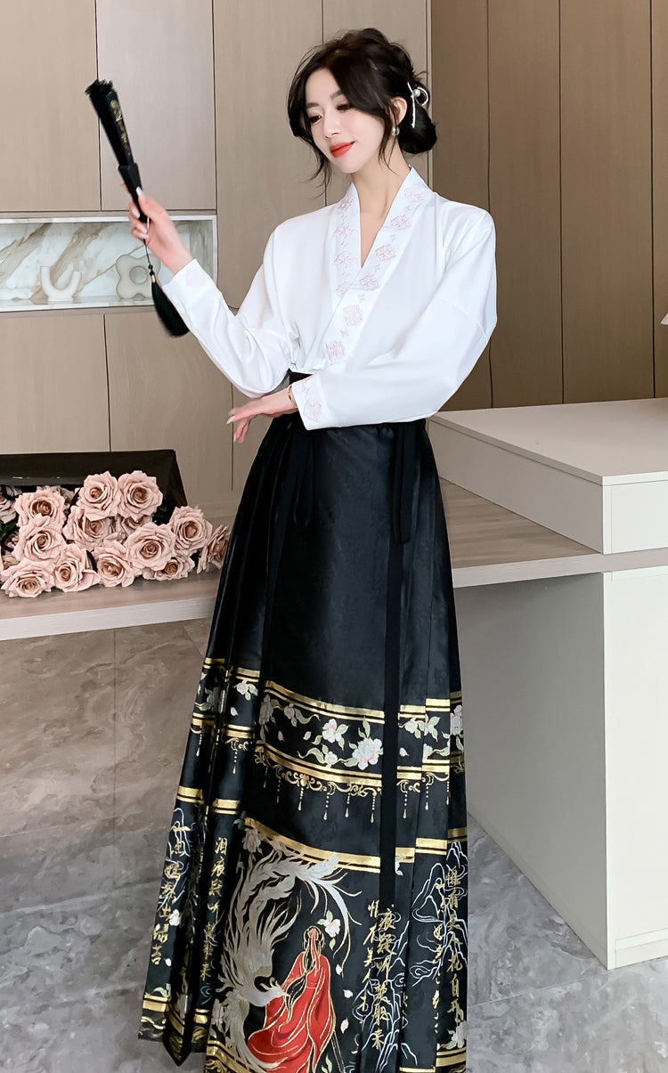 White Long-sleeve Shirt + Black Hanfu Adjustable Skirt Two Pieces Set