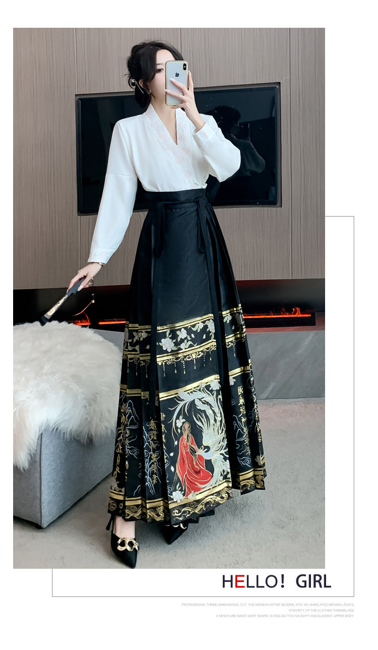 White Long-sleeve Shirt + Black Hanfu Adjustable Skirt Two Pieces Set