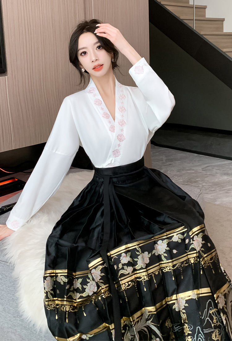 White Long-sleeve Shirt + Black Hanfu Adjustable Skirt Two Pieces Set