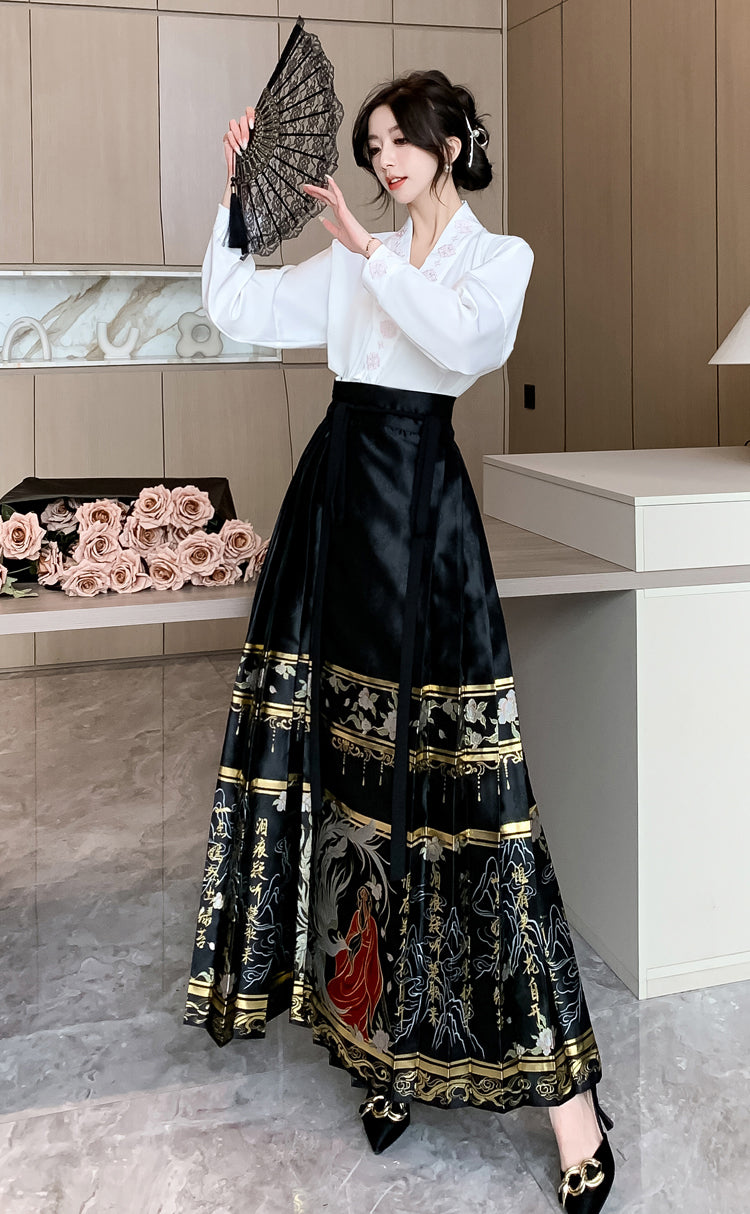 White Long-sleeve Shirt + Black Hanfu Adjustable Skirt Two Pieces Set
