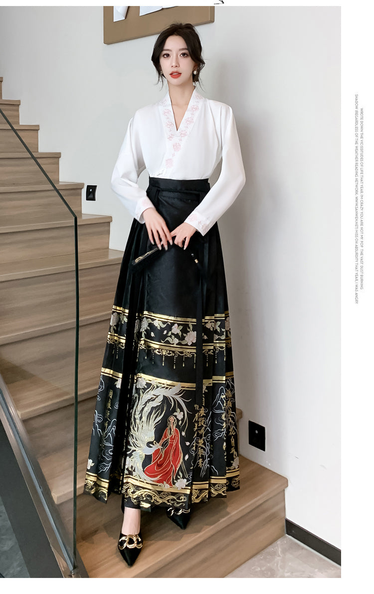 White Long-sleeve Shirt + Black Hanfu Adjustable Skirt Two Pieces Set