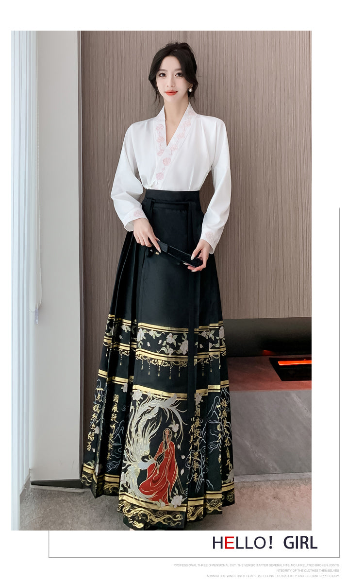 White Long-sleeve Shirt + Black Hanfu Adjustable Skirt Two Pieces Set