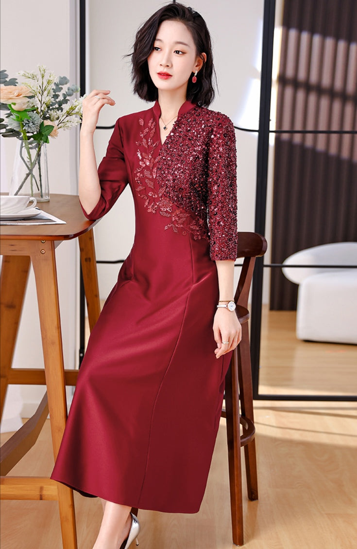 Red Claret Petite Plus Size High-end Banquet Dress