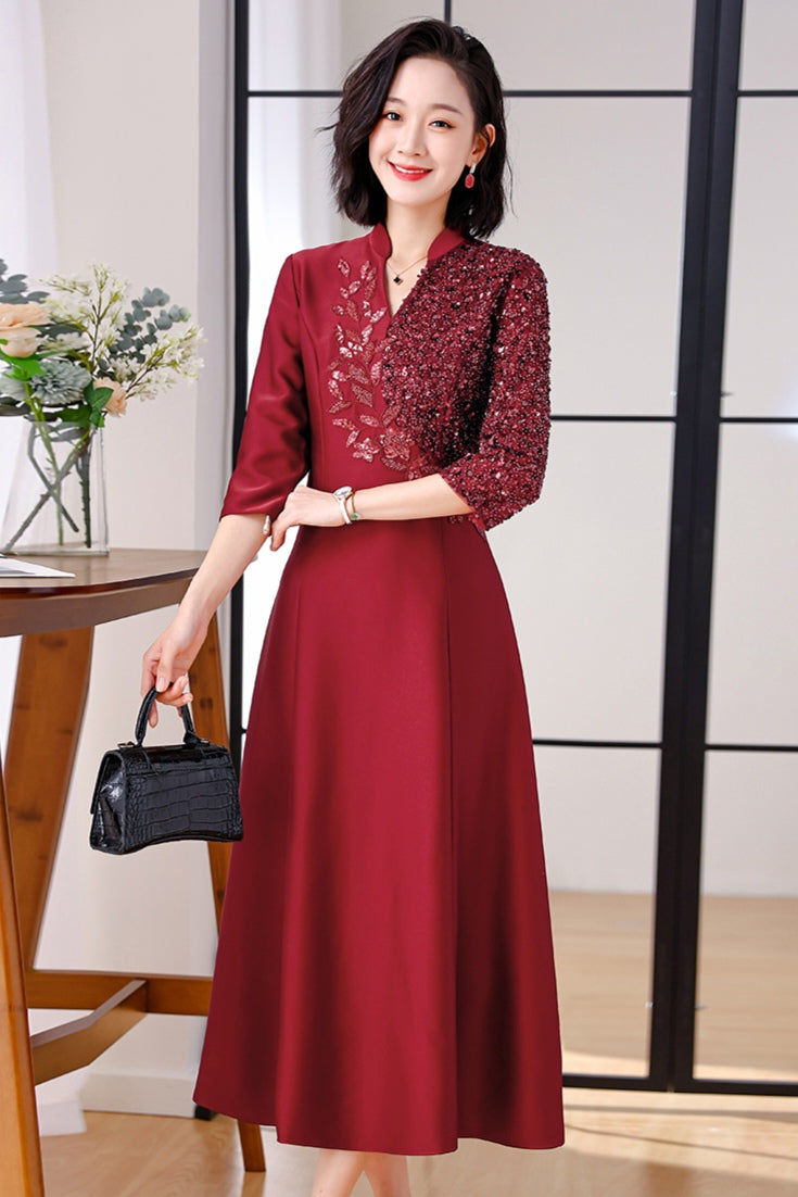 Red Claret Petite Plus Size High-end Banquet Dress