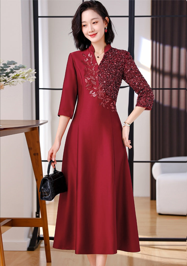 Red Claret Petite Plus Size High-end Banquet Dress