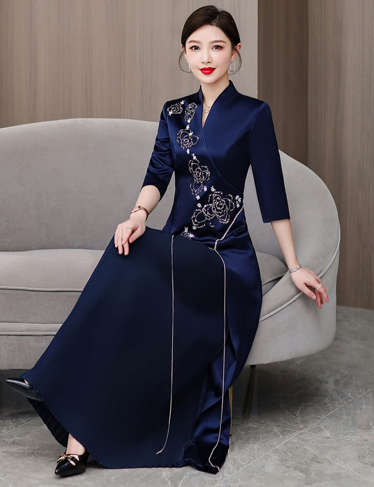 Navy Blue Satin Qipao with Floral Embroidery