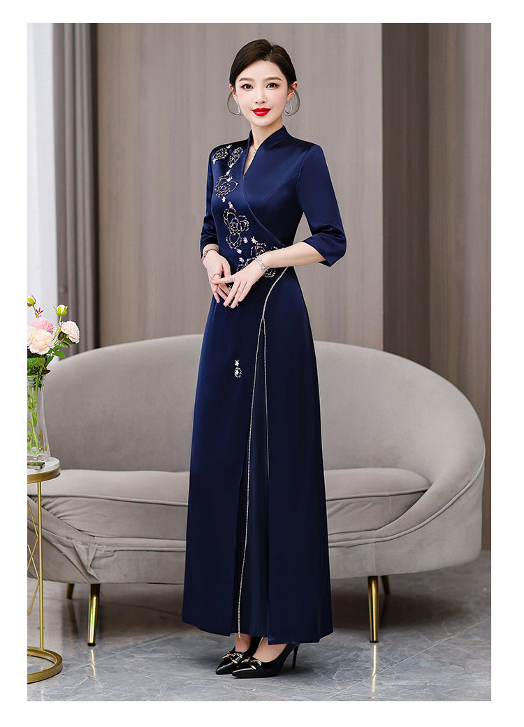 Navy Blue Satin Qipao with Floral Embroidery