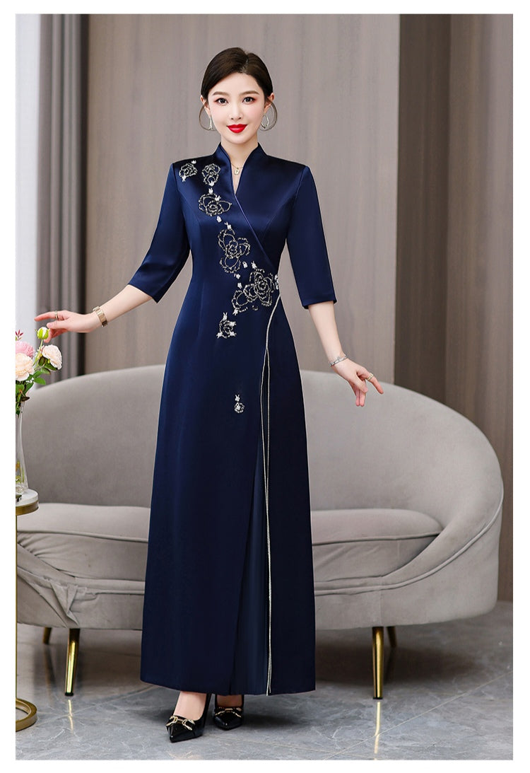 Navy Blue Satin Qipao with Floral Embroidery