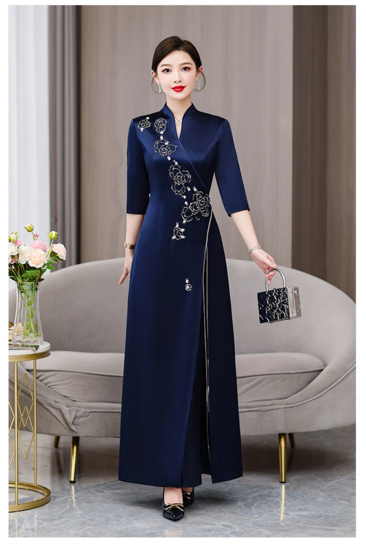 Navy Blue Satin Qipao with Floral Embroidery