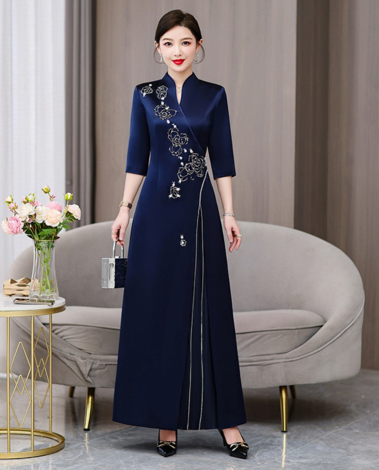Navy Blue Satin Qipao with Floral Embroidery