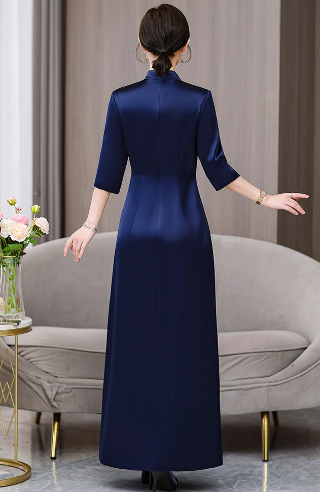 Navy Blue Satin Qipao with Floral Embroidery