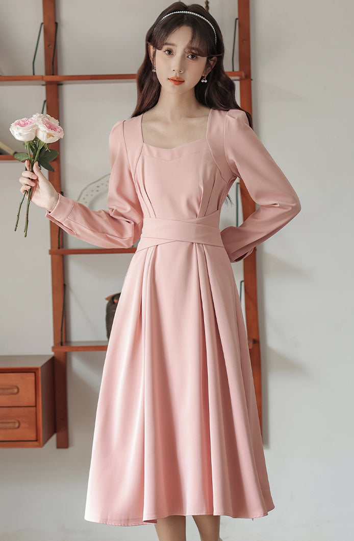 Square Neck Cherry Blossom Pink Mid-length Dress