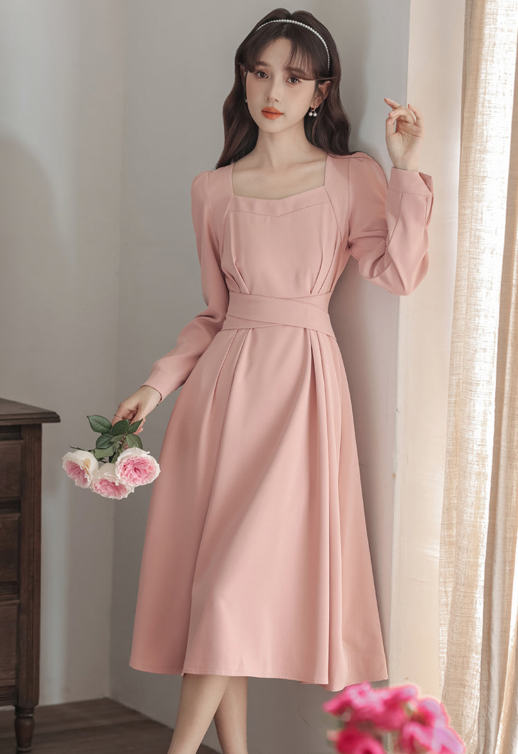 Square Neck Cherry Blossom Pink Mid-length Dress