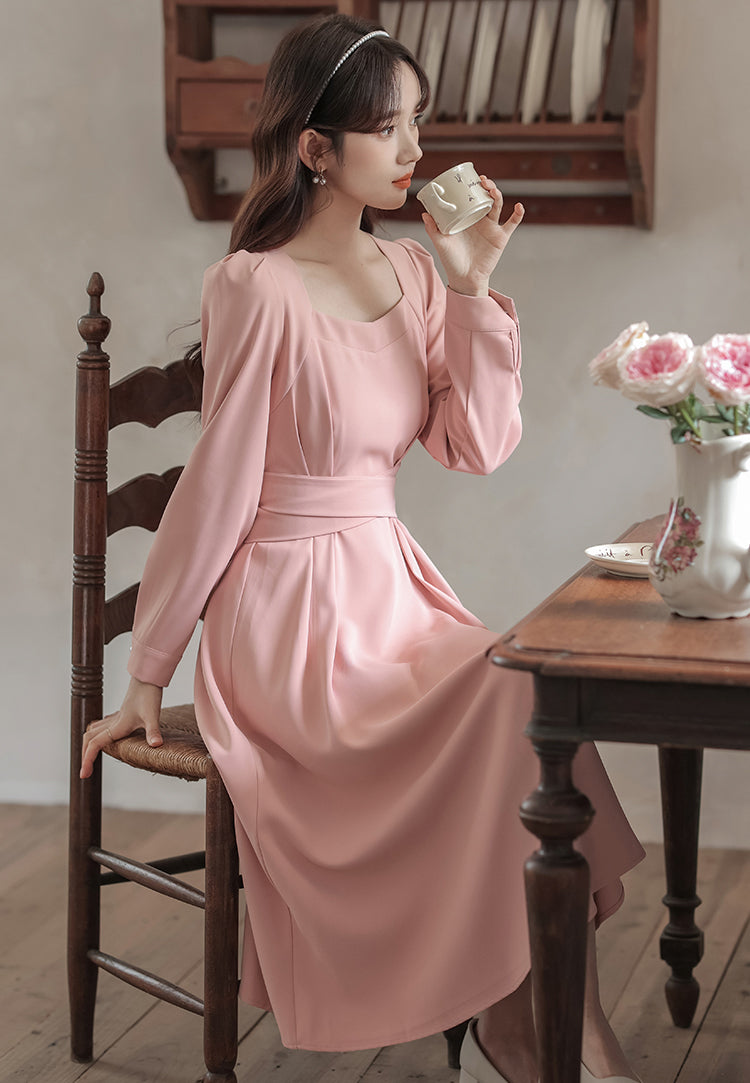 Square Neck Cherry Blossom Pink Mid-length Dress