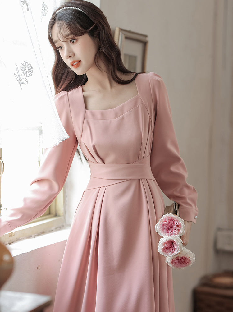 Square Neck Cherry Blossom Pink Mid-length Dress