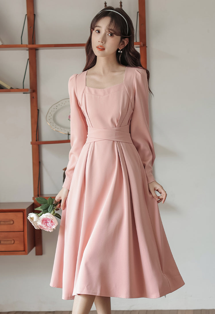 Square Neck Cherry Blossom Pink Mid-length Dress