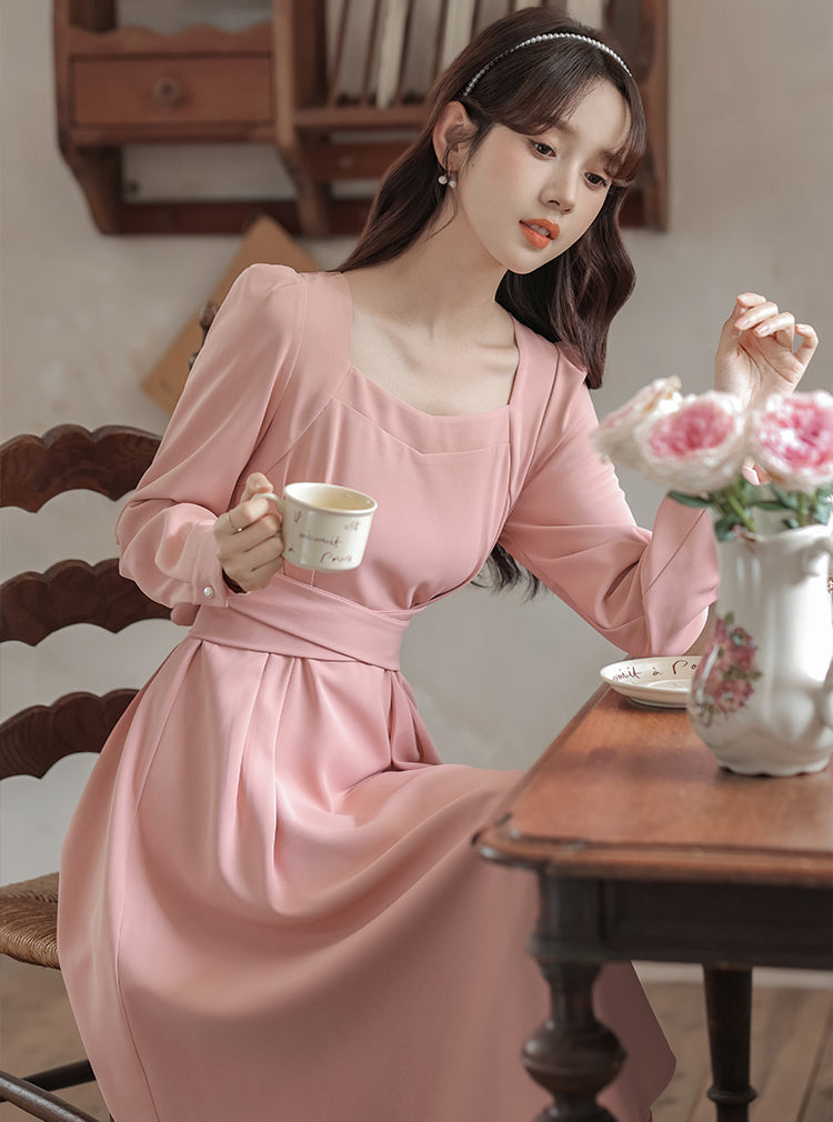 Square Neck Cherry Blossom Pink Mid-length Dress