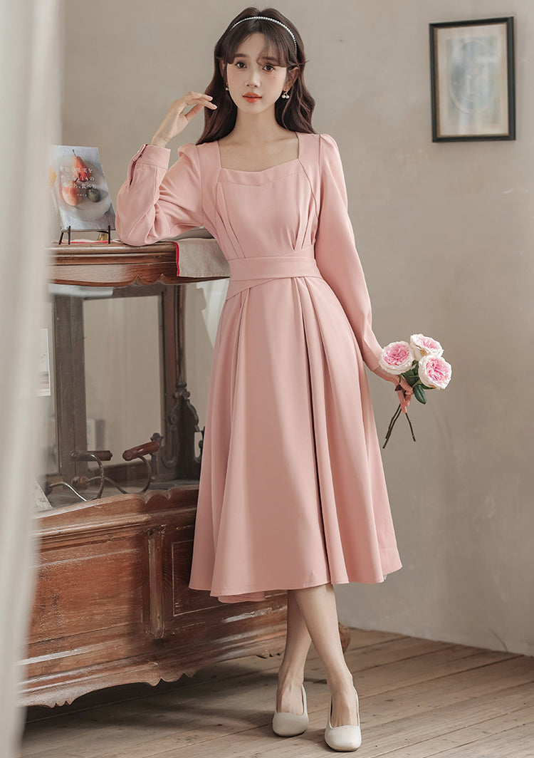 Square Neck Cherry Blossom Pink Mid-length Dress