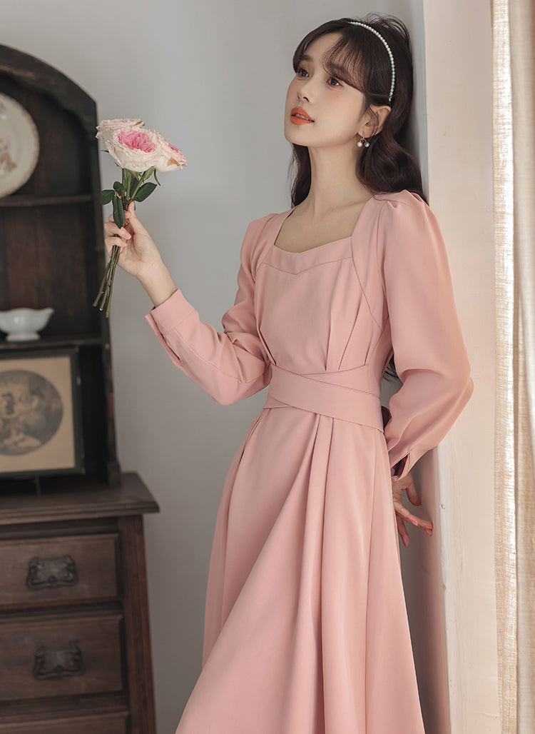 Square Neck Cherry Blossom Pink Mid-length Dress