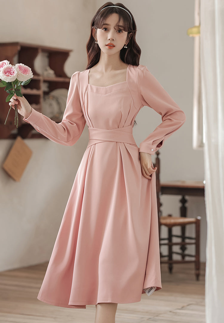 Square Neck Cherry Blossom Pink Mid-length Dress