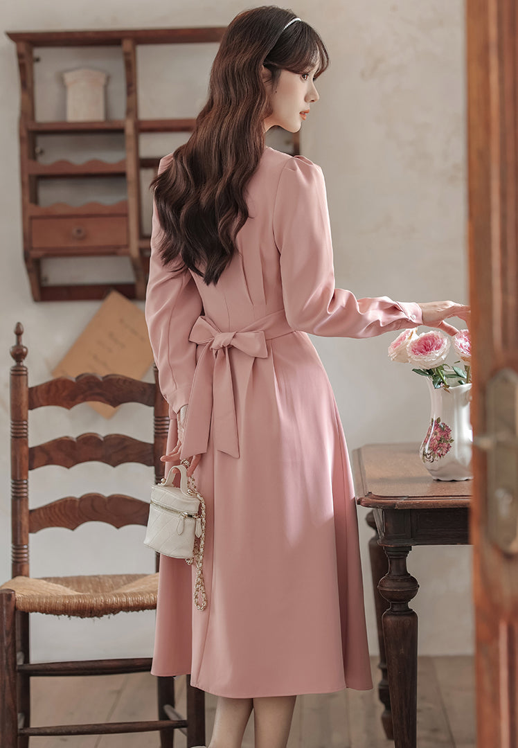 Square Neck Cherry Blossom Pink Mid-length Dress
