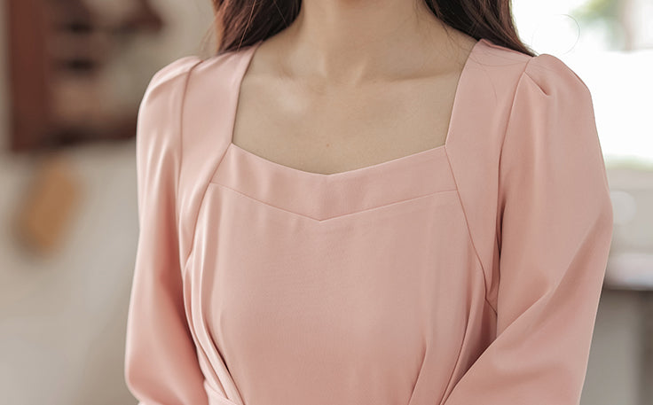 Square Neck Cherry Blossom Pink Mid-length Dress