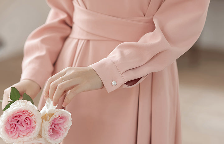 Square Neck Cherry Blossom Pink Mid-length Dress