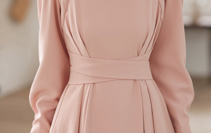 Square Neck Cherry Blossom Pink Mid-length Dress