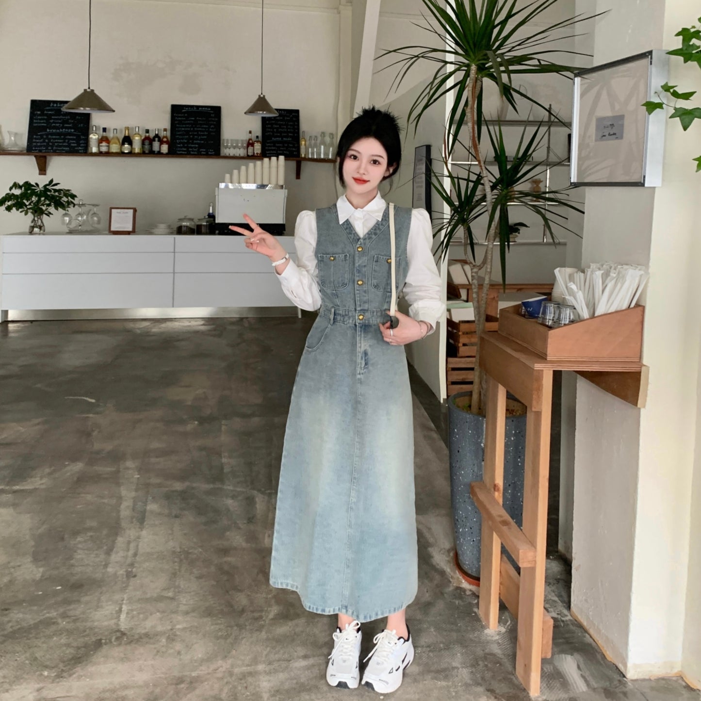 White Shirt + Denim Sleeveless Dress Two Pieces Set