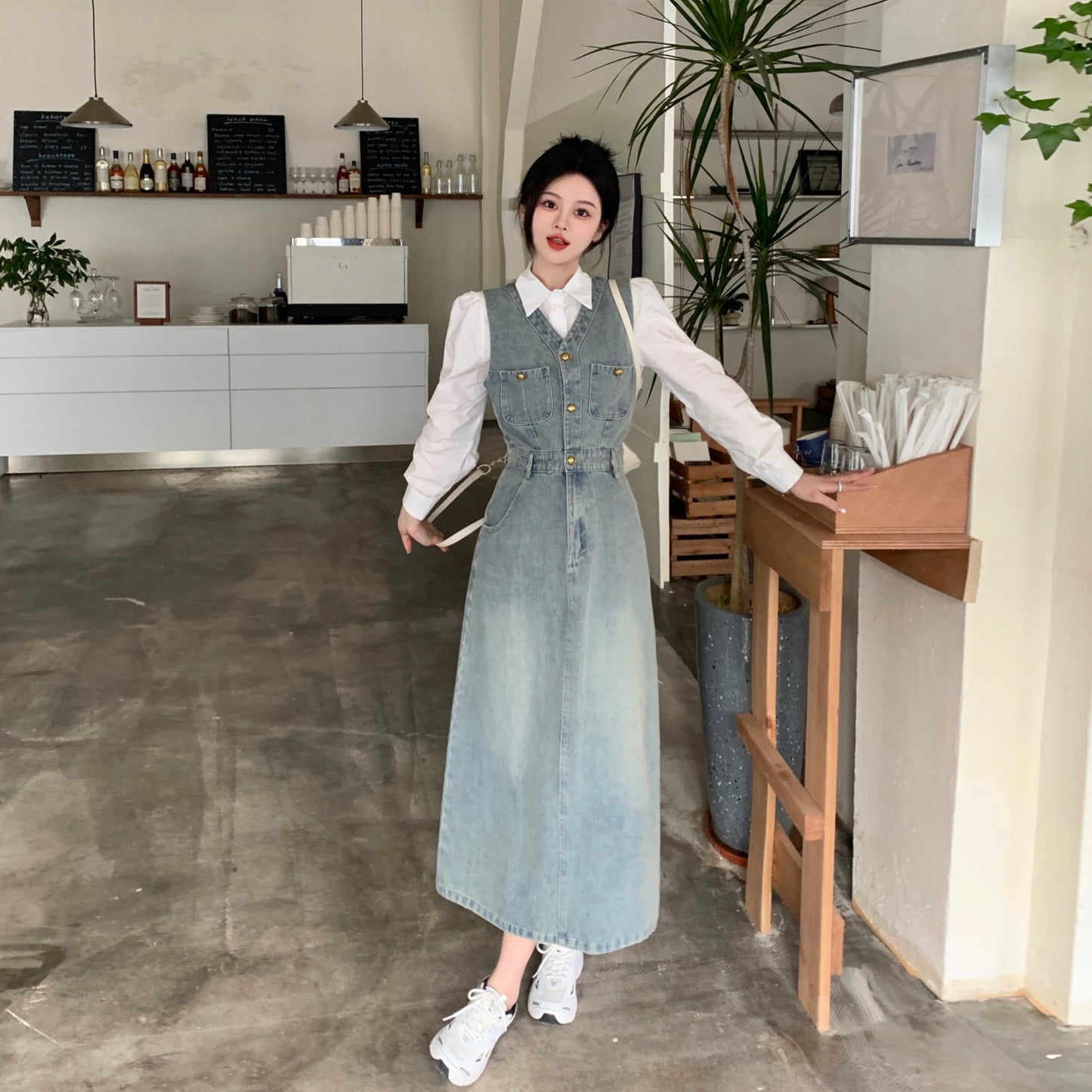 White Shirt + Denim Sleeveless Dress Two Pieces Set