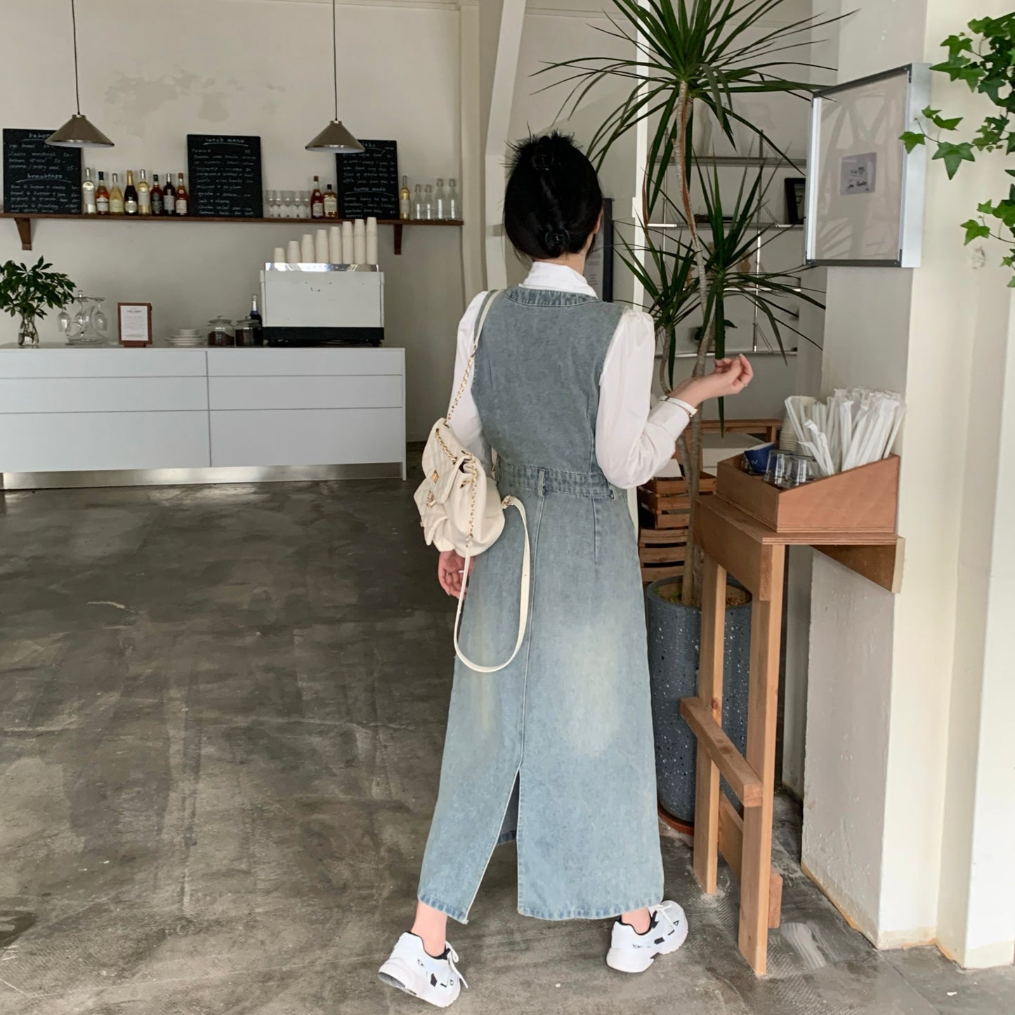 White Shirt + Denim Sleeveless Dress Two Pieces Set