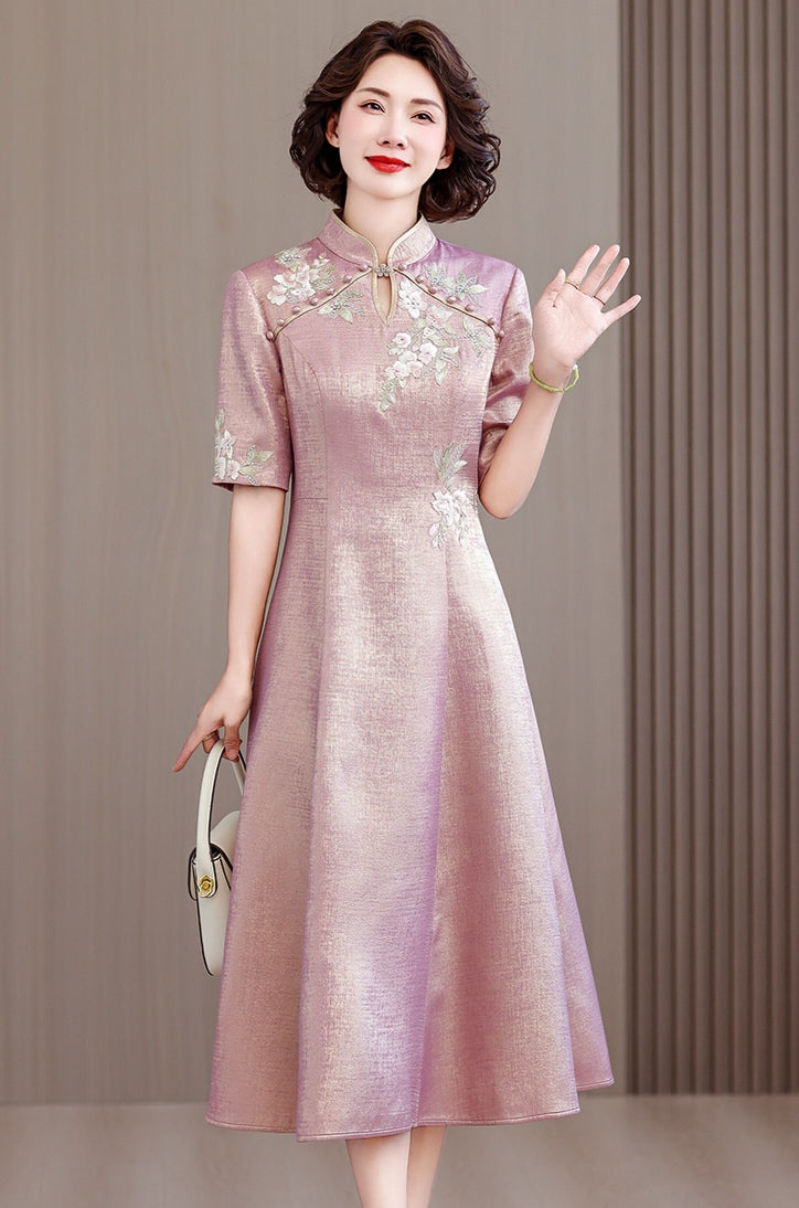 Pink Shimmer A-Line Qipao Dress