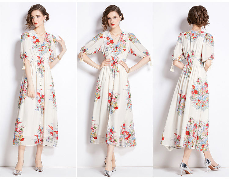 V-neck Floral Mid-length Dress