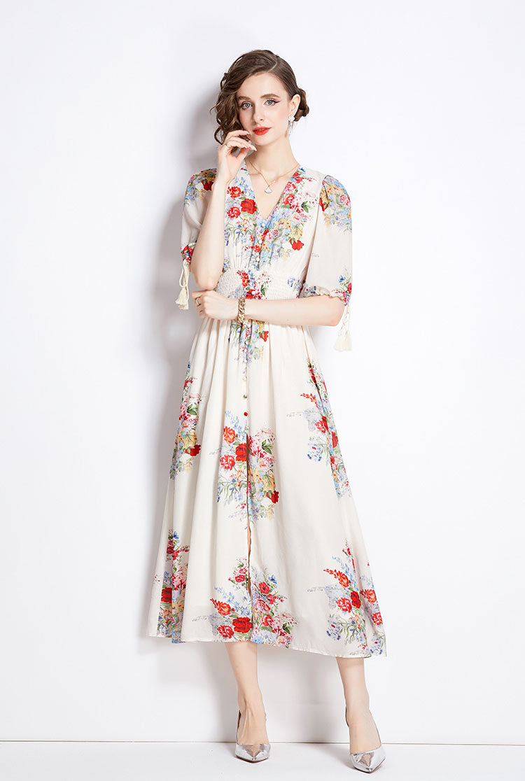 V-neck Floral Mid-length Dress