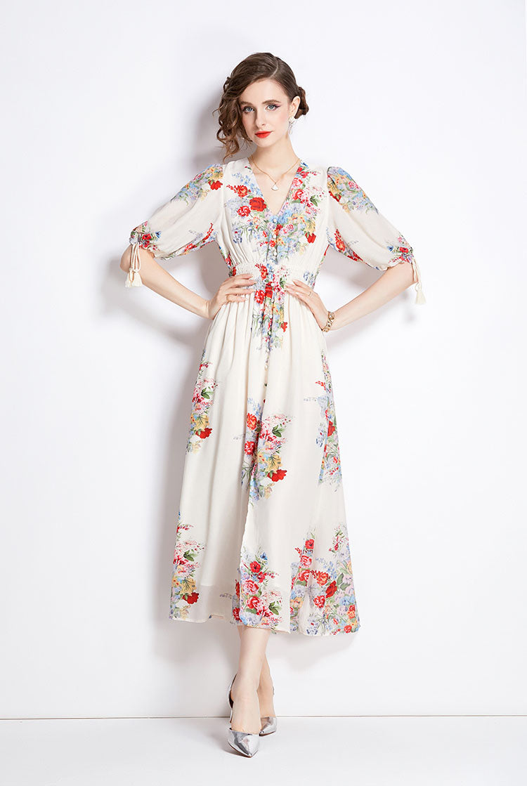 V-neck Floral Mid-length Dress