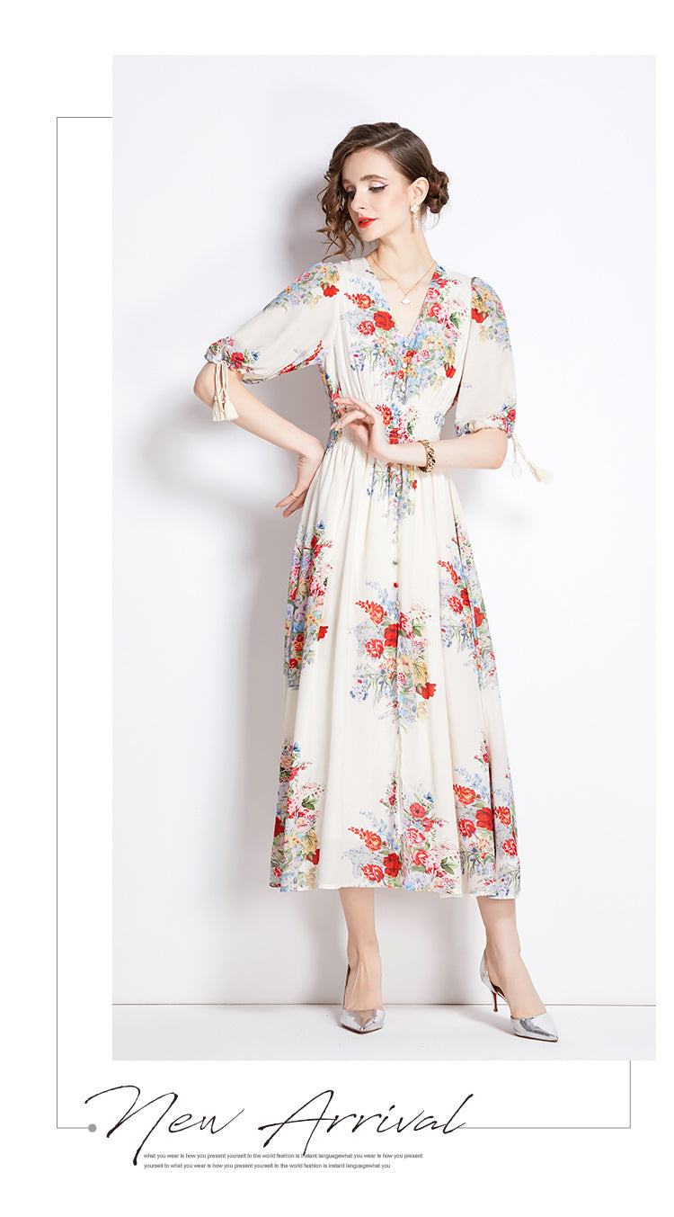 V-neck Floral Mid-length Dress