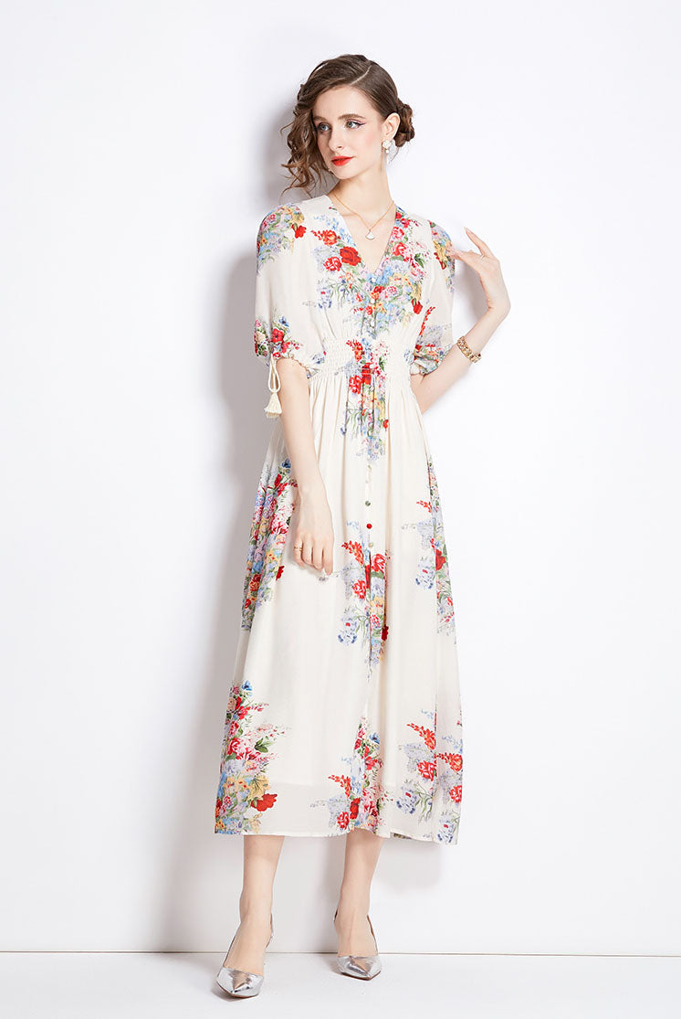 V-neck Floral Mid-length Dress