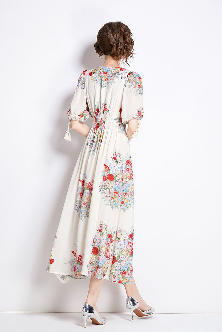 V-neck Floral Mid-length Dress