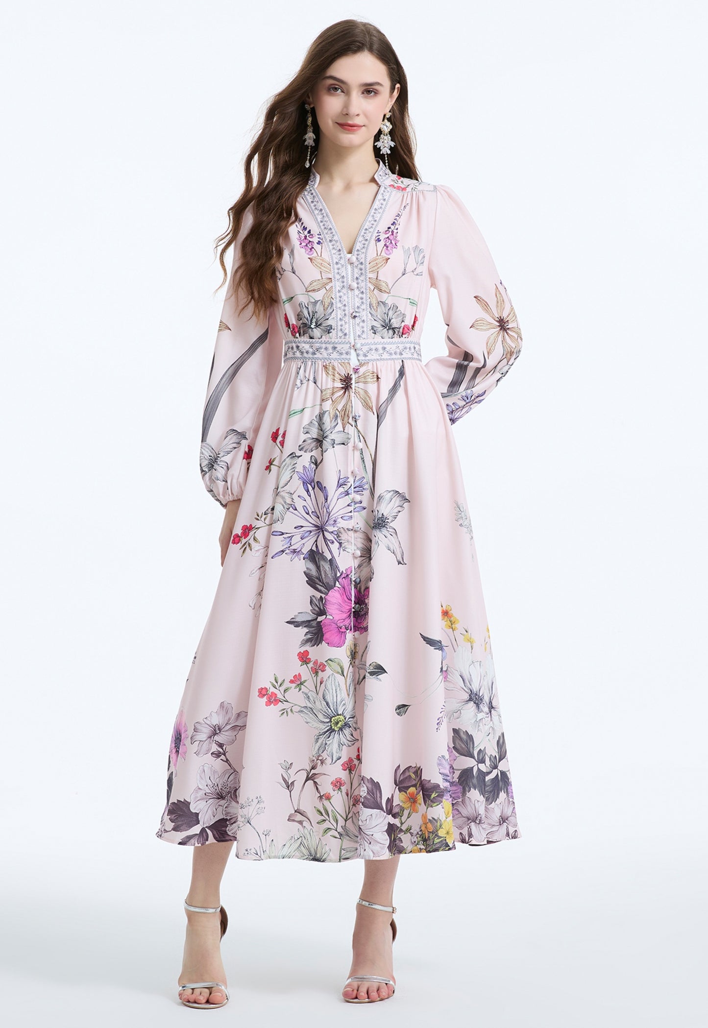 Retro Light Pink V-neck Suit Collar Dress