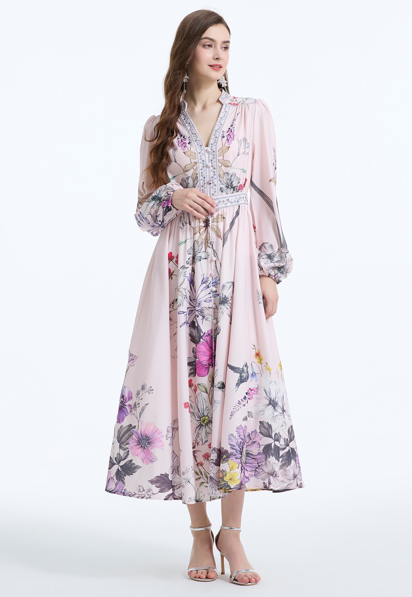 Retro Light Pink V-neck Suit Collar Dress