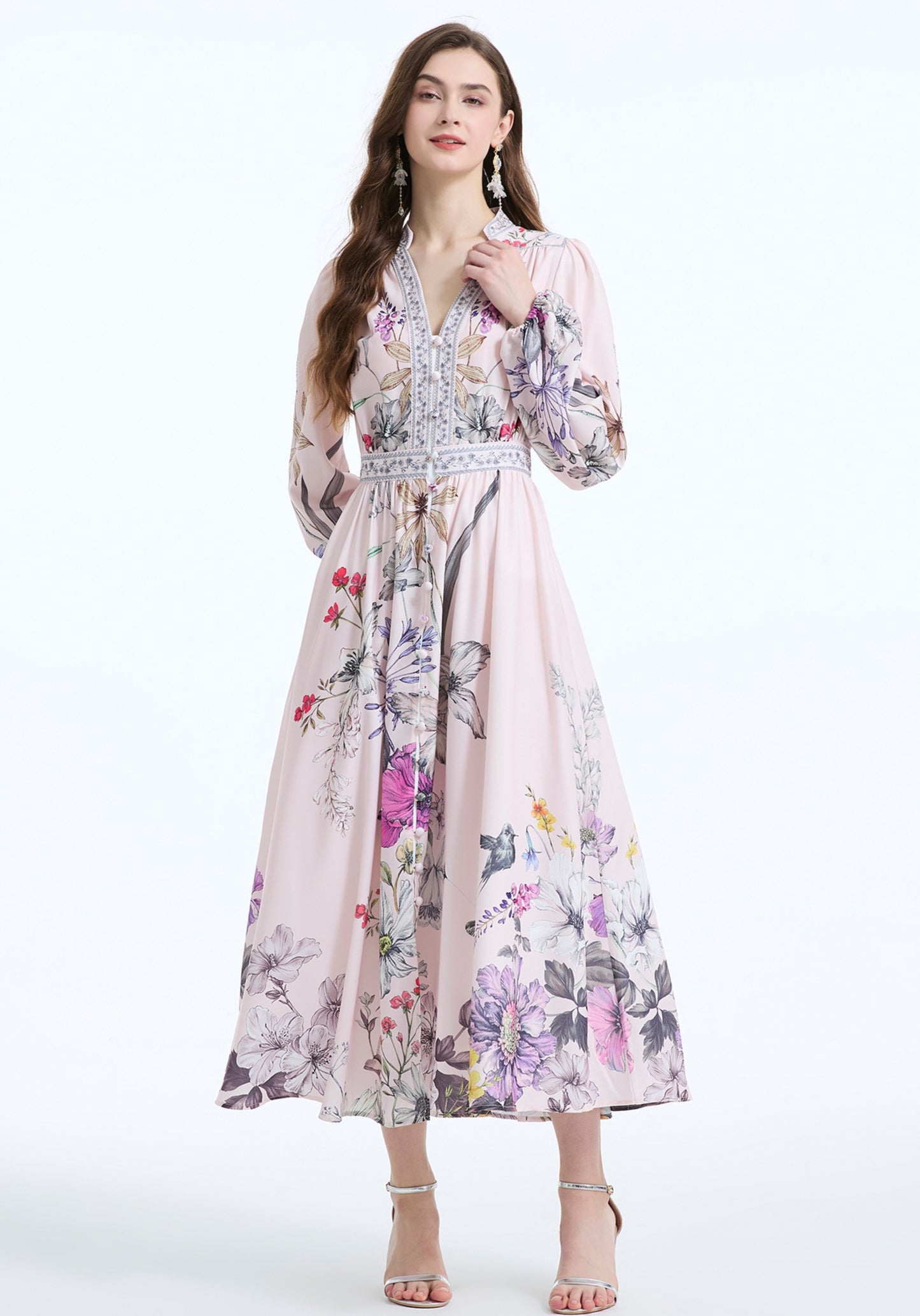 Retro Light Pink V-neck Suit Collar Dress
